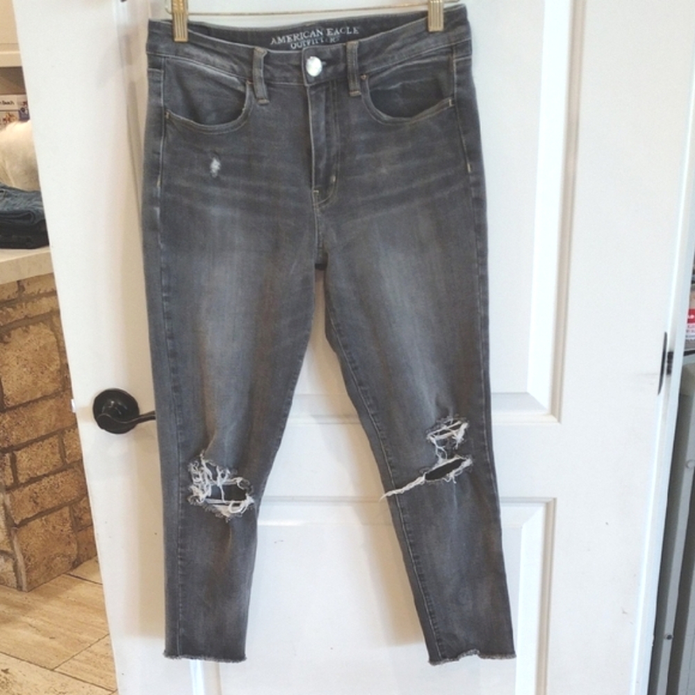 American Eagle Jeans Hi Rise Jegging Crop Gray Distressed Wash Size 8 Reg